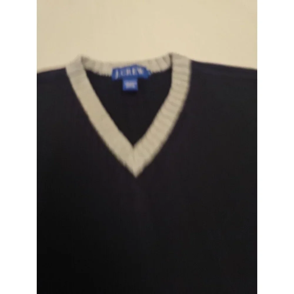 J.Crew Mens Navy Blue 100% Cotton‎ V-Neck Sweater Vest Grey Trim XL